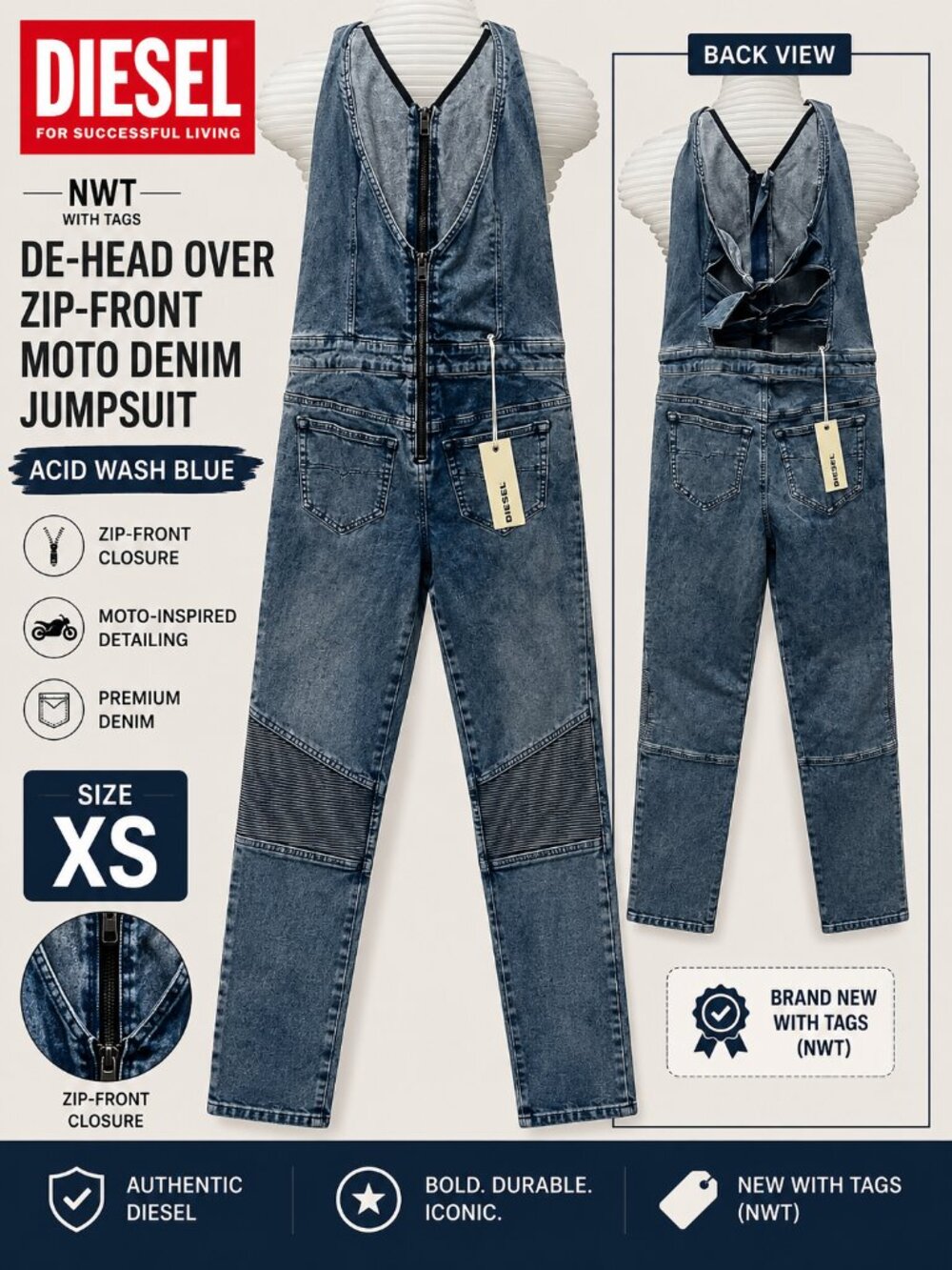 NWT Diesel DE-HEAD OVER Moto Denim Jumpsuit Acid Wash Blue XS